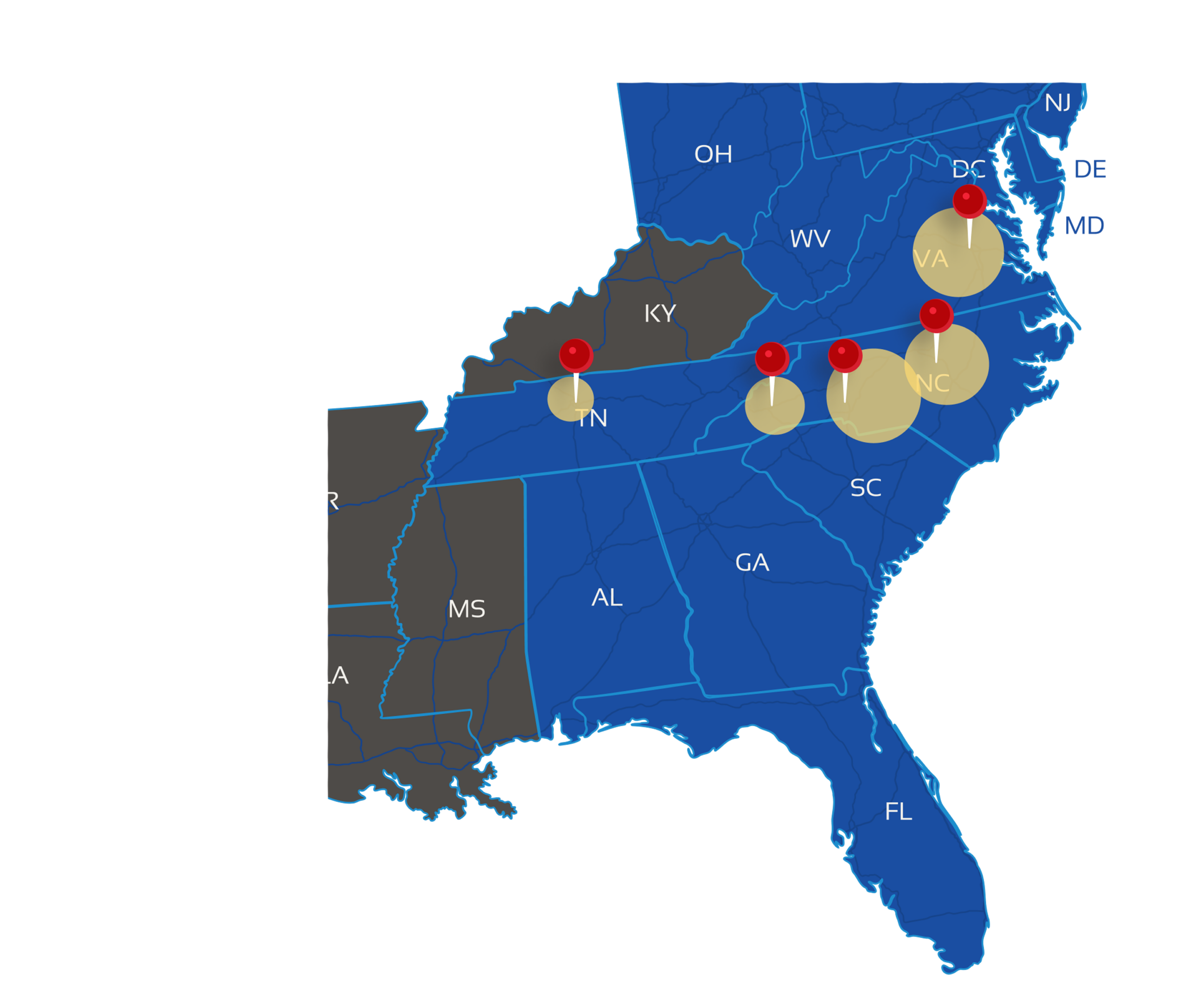 Map of the Southeast region of the U.S. with pins to point out Richmond, Raleigh, Charlotte, Asheville and Nashville.